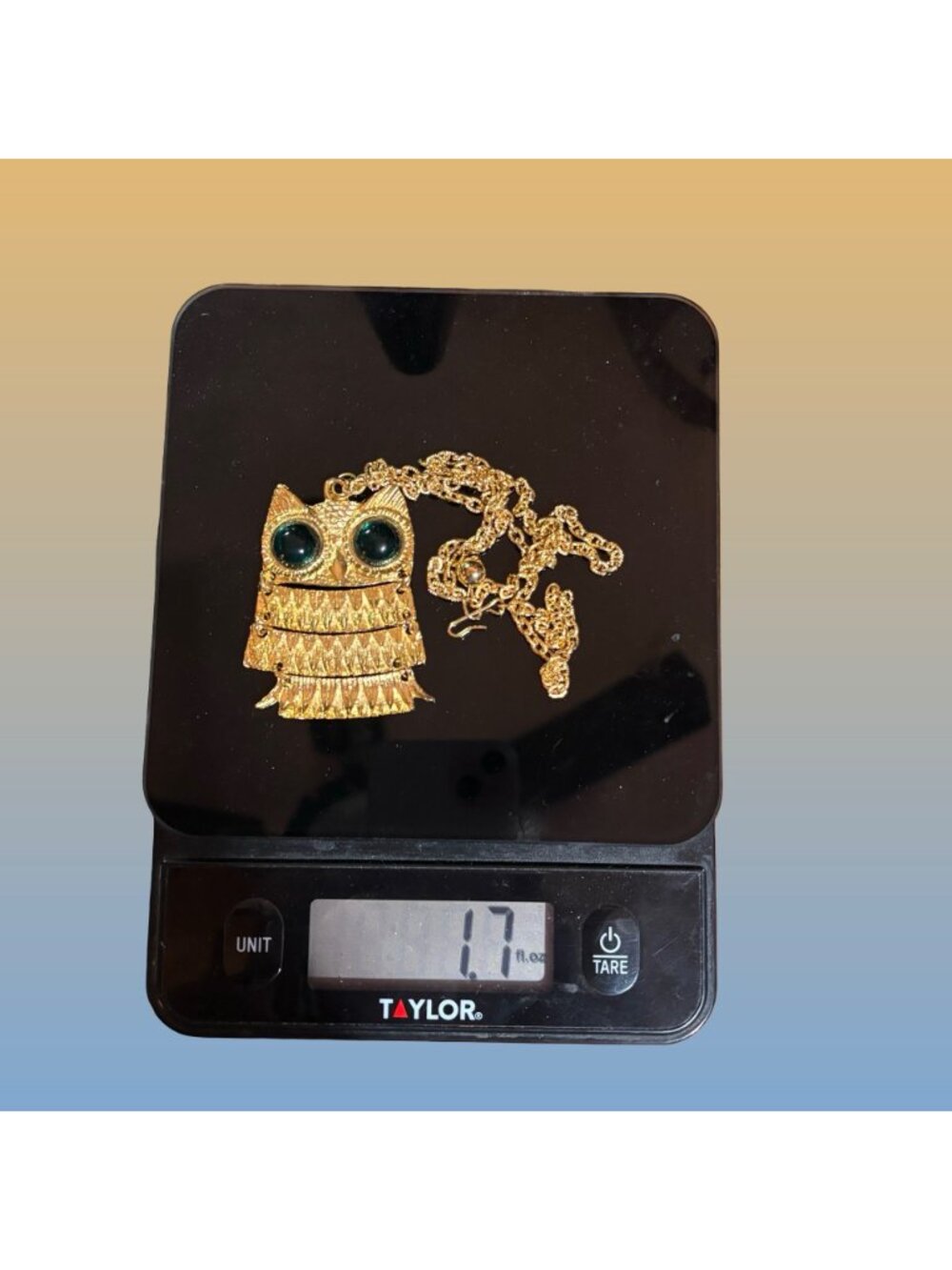Gold Tone Green Eye Owl Pendant Necklace Long Chain Boho Hippie 1970s Statement - Picture 8 of 9